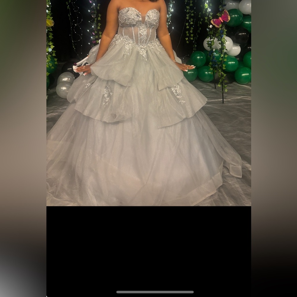 Elegant silver/grey Gown with Floral Details